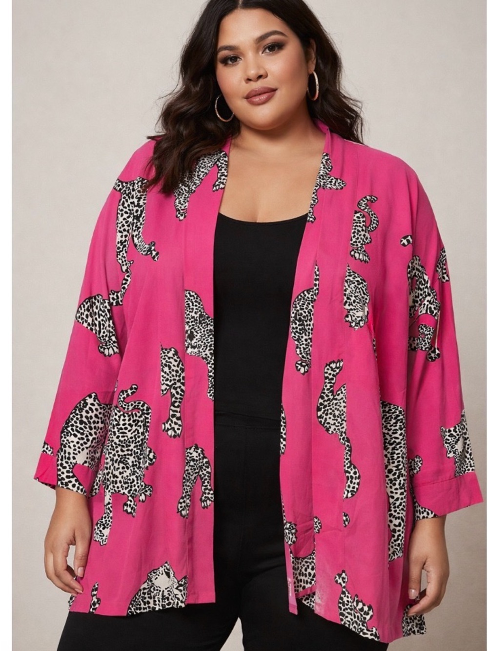 Umgee Hot Pink Leopard Silhouette Open Front Kimono